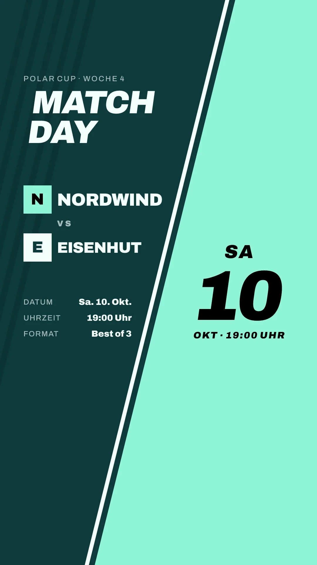 Matchday-Grafik als Story 1080 x 1920: Nordwind gegen Eisenhut, Polar Cup, Woche 4, Text mit Abstand zum oberen und unteren Rand