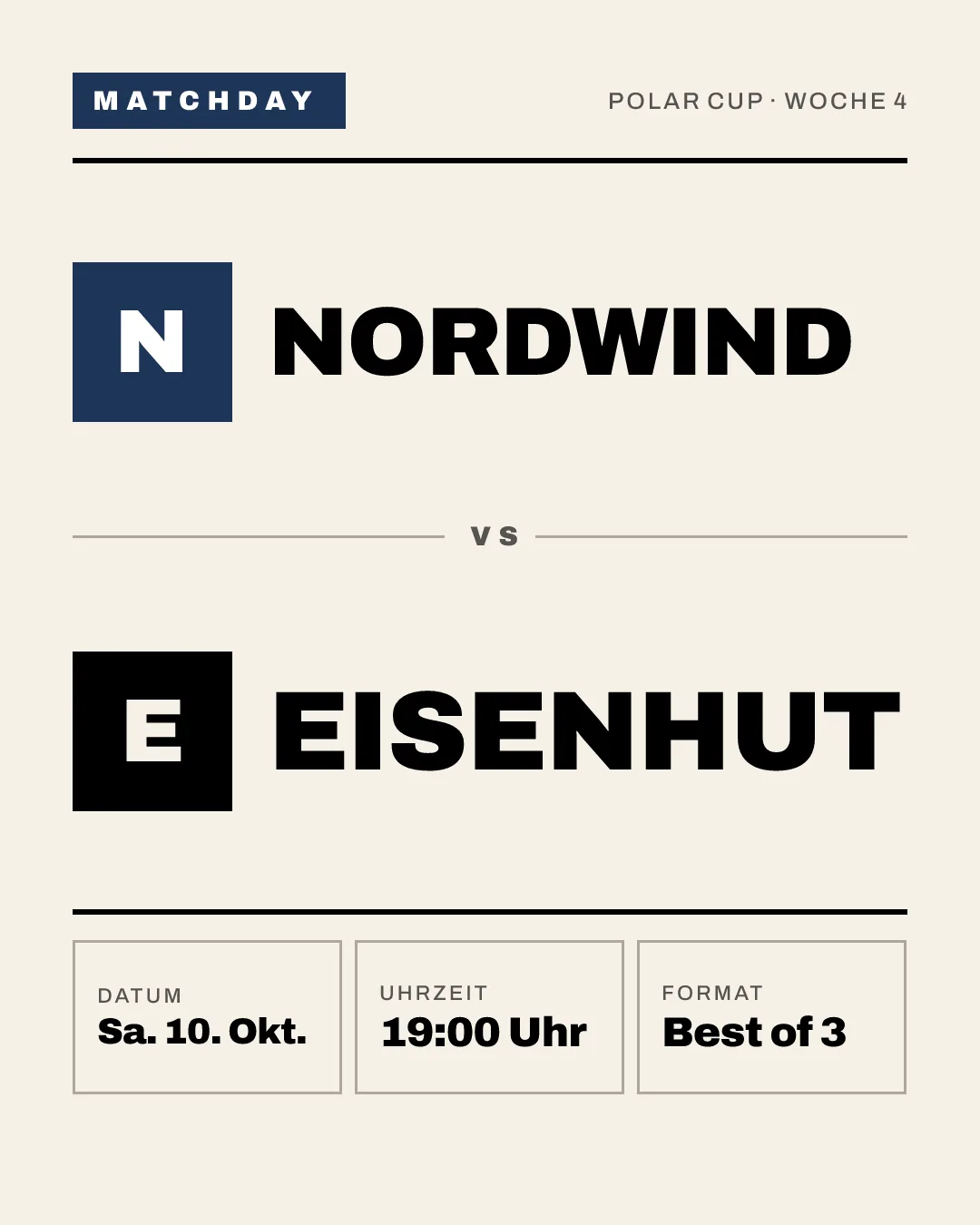 Dieselbe Matchday-Grafik im hellen Kit von Nordwind, Creme mit Dunkelblau: Nordwind gegen Eisenhut